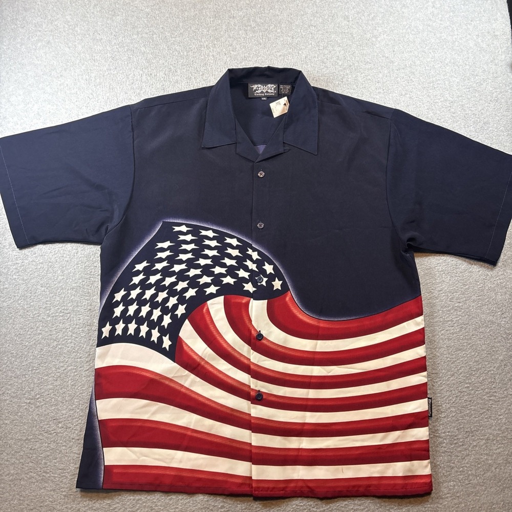 Dragonfly Roadhouse Mens American Flag Button Up Shirt Navy Blue 2XL Patriotic